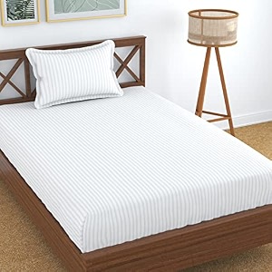 homefab india 160 tc stripe glace cotton single bedsheet with 1 pillow cover - white