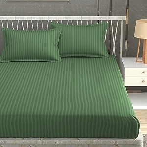 homefab india 160 tc stripe glace cotton double bedsheet with 2 pillow covers - 90x90 inches - dark green