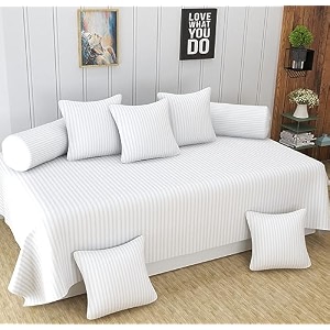 homefab india 160 tc stripe glace cotton diwan set - 8 piece - white