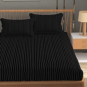 homefab india 160 tc stripe glace cotton double bedsheet with 2 pillow covers - 90x90 inches - black