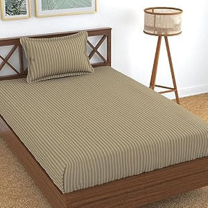 homefab india 160 tc stripe glace cotton single bedsheet with 1 pillow cover - beige