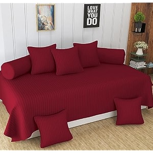 homefab india 160 tc stripe glace cotton diwan set - 8 piece - maroon
