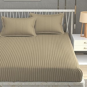 homefab india 160 tc stripe glace cotton double bedsheet with 2 pillow covers - 90x90 inches - beige