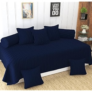 homefab india 160 tc stripe glace cotton diwan set - 8 piece - navy blue 1 bedsheet 2 bolster cover 5 cushion cover