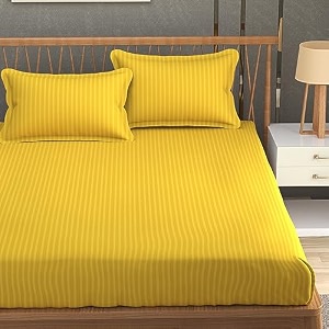 homefab india 160 tc stripe glace cotton double bedsheet with 2 pillow covers - 90x90 inches - yellow