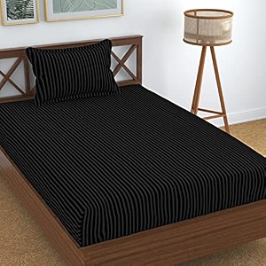 homefab india 160 tc stripe glace cotton single bedsheet with 1 pillow cover - black