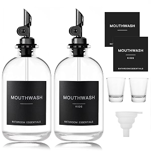 homefeel black glass mouthwash dispenser with cups 127 oz 2 pack - clear mouthwash bottle with 304 stainless steel spout amp minimalist labels style mouthwash container for bathroom