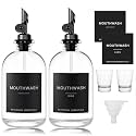 HomeFeel Black Glass Mouthwash Dispenser with Cups, 12.7 oz, 2 Pack - Clear Mouthwash Bottle with 304 Stainless Steel Spout &amp; Minimalist Labels, Style Mouthwash Container for Bathroom
