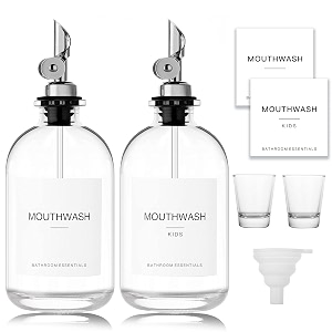 homefeel mouthwash dispenser for bathroom 127 oz 2 pack - glass mouthwash bottle with 304 stainless steel spout amp minimalist labels style mouthwash container silver