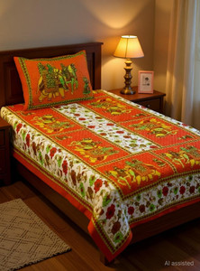homeline cotton single flat 104 tc printed 1 bedsheet with 2 pillow covers