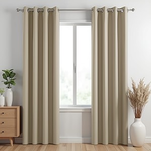 homemonde 70 light blocking long door 9 feet solid opaque curtains - heavy faux silk blackout drapes set thermal insulation hangs with eyelet - desert whisper - 108 inches