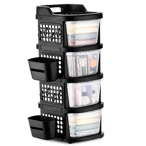 homeor 4 tier plastic storage drawer cabinet with wheels modular chest of drawers organizer with side basket amp handle storage trolley rack for home kitchen bedroom kids room black transparent
