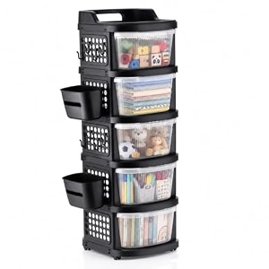 homeor 5 tier plastic storage drawer cabinet with wheels modular chest of drawers organizer with side basket amp handle storage trolley rack for home kitchen bedroom kids room black transparent