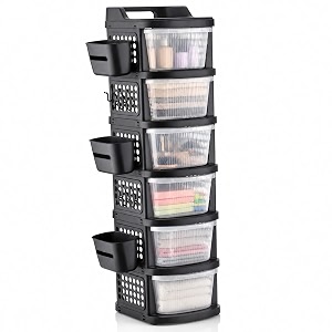 homeor 6 tier plastic storage drawer cabinet with wheels modular chest of drawers organizer with side basket amp handle storage trolley rack for home kitchen bedroom kids room black transparent