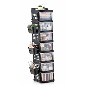 homeor 7 tier plastic storage drawer cabinet with wheels modular chest of drawers organizer with side basket amp handle storage trolley rack for home kitchen bedroom kids room black transparent
