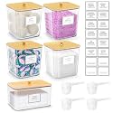HomePekite Laundry Pods Storage Container, Clear Acrylic Laundry Room Organization and Storage ,Detergent Powder Container,with Wooden Lids &amp; Labels, 4+1 Pack