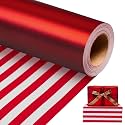 Homeral Red Wrapping Paper Roll - 17 In x 33 Ft Matte Metallic Solid Color &amp; Red and White Stripe Reversible Gift Wrapping Paper for Birthday, Wedding, Christmas, Valentines, Baby Shower, DIY Bouquet