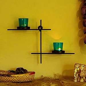 homesake modern geometric wall mounted candle holder with 4 green glass tealight cups black metal wall sconce decor wall art for living bedroom dining room amp home dcor return gifts for pooja