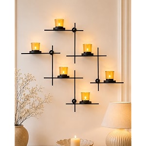 homesake black scorching ladder wall tealight holder set of 2 six yellow votive candle holders decorative metal wall hanging for home decor diwali decor amp festive lighting return gifts for pooja