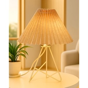 homesake modern table lamp with iron tripod base e27 holder for bedroom bedside living room home decor study lamp for desk night lamp warm light gifting pleated fabric shade khadi