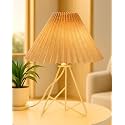Homesake® Modern Table Lamp with Iron Tripod Base, E27 Holder, for Bedroom, Bedside, Living Room, Home Decor, Study Lamp for Desk, Night Lamp, Warm Light, Gifting, Pleated Fabric Shade, (Khadi)