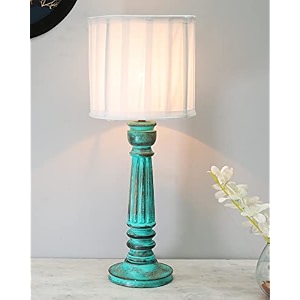 homesake rustic country cottage table lamp antique turquouise base farmhouse bedside desk lamp for bedroom lamp living room amp study home decoration lamp table light fril white drum shade