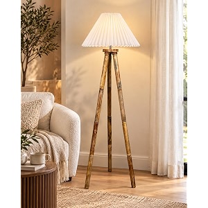 homesake wood tripod floor lamp for living room  mid century standing lamp e27 lamp base soft ambient lighting  corner lamp for living room bedroom  office decor pleated white lar