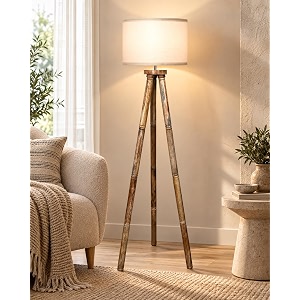 homesake wood tripod floor lamp for living room  mid century standing lamp e27 lamp base soft ambient lighting  corner lamp for living room bedroom  office decor off-white