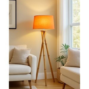homesake wood tripod floor lamp for living room  mid century standing lamp e27 lamp base warm ambient lighting  corner lamp for living room bedroom  room and office cross-leg orange