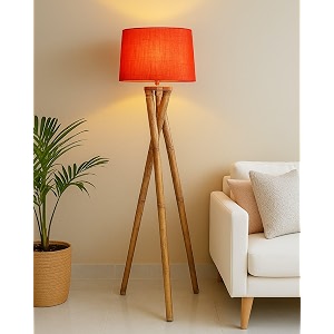 homesake wood tripod floor lamp for living room  mid century standing lamp e27 lamp base warm ambient lighting  corner lamp for living room bedroom  room and office cross-leg red