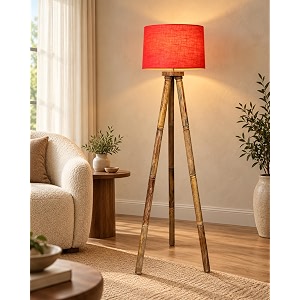homesake wood tripod floor lamp for living room  mid century standing lamp e27 lamp base soft ambient lighting  corner lamp for living room bedroom  room and office tripod red