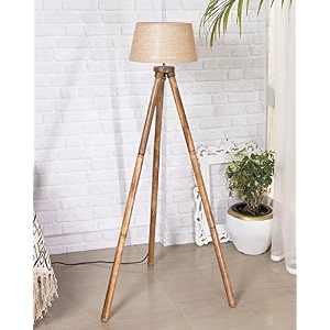 homesake wood tripod floor lamp for living room  mid century standing lamp e27 lamp base soft ambient lighting  corner lamp for living room bedroom  room and office tripod jute