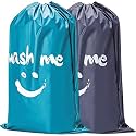 HOMEST 2 Pack XL Wash Me Travel Laundry Bag, Machine Washable Dirty Clothes Organizer, Large Enough to Hold 4 Loads of Laundry, Easy Fit a Laundry Hamper or Basket, Light Blue and Grey