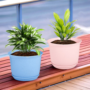 homestic by kuber industries marble mega flower pot for home with tray9 inchpack of 2blue  pink plant container set