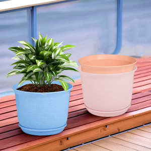 homestic by kuber industries marble mega flower pot for home with tray9 inchpack of 3blue-pink  peach plant container set