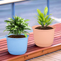 HOMESTIC by Kuber Industries Marble Mega Flower Pot for Home with Tray|9 Inch|Pack of 2|Blue & Peach Plant Container Set