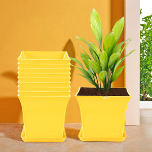homestic by kuber industries pack of 10 premium flower pots for garden with bottom plates  yellow plant container set