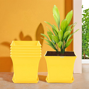 homestic by kuber industries pack of 6 premium flower pots for garden with bottom plates  yellow plant container set