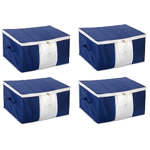 homestrap set of 4 non woven underbed storage organizerblanket cover bag with transparent window and side handle for quilt clothes navy blue