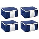 Homestrap set of 4 Non Woven Underbed Storage Organizer/Blanket Cover Bag with Transparent Window and Side Handle for Quilt, Clothes (Navy Blue)