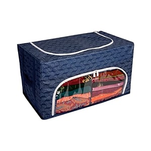homestrap cloth stacker with front window and side handle  foldable clothes storage organizer navy blue