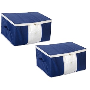 homestrap non-woven set of 2 non woven underbed storage organizerblanket cover bag with transparent window and side handle for quiltclothesnavy blueshark tank product