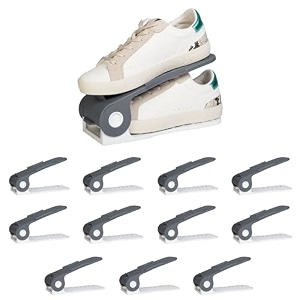 homestrap plastic shoe organizer slot pack of 12 greywhite adjustable  space saver  double deck shoes storage holder for rack and shelf 25x10x12 cm
