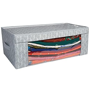 homestrap saree bunker  cloth stacker with front window and side handle  foldable stackable printed clothes storage organizer  grey