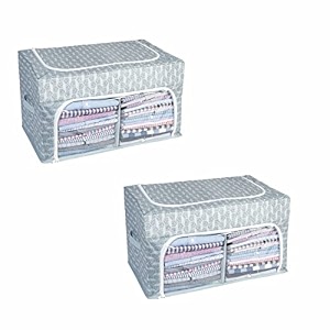 homestrap set of 2 saree bunker  cloth stacker with front window and side handle  foldable stackable printed clothes storage organizer  grey