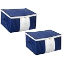 HomeStrap Non-Woven Set Of 2 Non Woven Underbed Storage Organizer/Blanket Cover Bag With Transparent Window And Side Handle For Quilt,Clothes(Navy Blue)(Shark Tank Product)