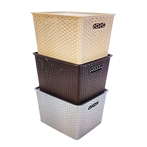 homestrap rectangular set of 3 large plastic storage organizersbaskets with lid for kitchen clothes multipurpose vegetables toys books office stationery wardrobebiscuit grey brown