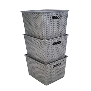homestrap set of 3 plastic storage organizersbaskets with lid for kitchen clothes multipurpose vegetables toys books office stationery wardrobelarge  grey rectangular