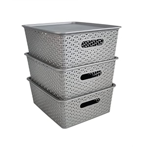 homestrap set of 3 plastic storage organizersbaskets with lid for kitchen clothes multipurpose vegetables toys books office stationery wardrobe medium  grey rectangular