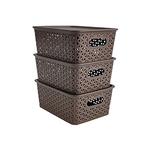 homestrap set of 3 plastic storage organizersbaskets with lid for kitchen clothes multipurpose vegetables toys books office stationery wardrobe smallbrown rectangular